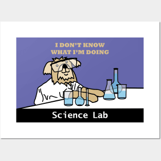 Science Lab and Clueless Dog Scientist Wearing Safety Glasses Posters and Art